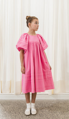 Petite Pink Fuchsia Pleated Voile Smock Dress