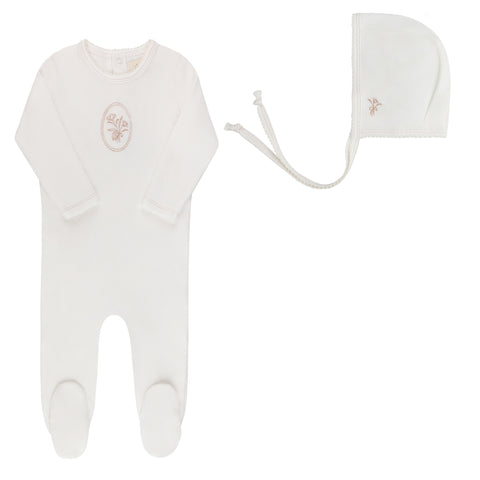 Ely's & Co Ivory/Rosegold Velour Center Floral Footie + Bonnet