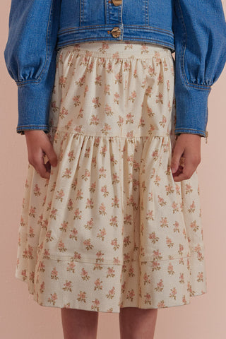 Petite Pink Cream Flower Bud Denim Fit & Flare Midi Skirt