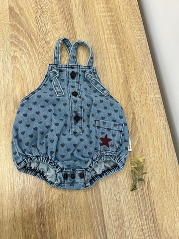 Piupiuchick Washed Blue Denim with Black Hearts Romper