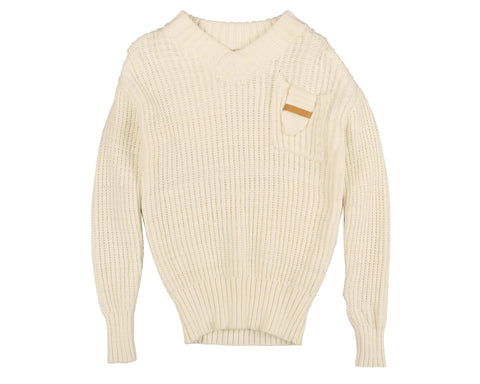 Belati Cream Pocket Flap Detail V Neck Knit