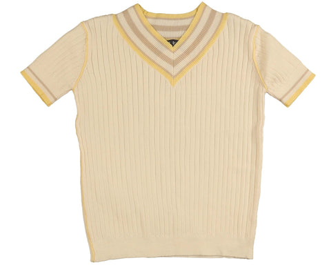 Belati Pale Yellow Striped Edges V-neck SS Knit