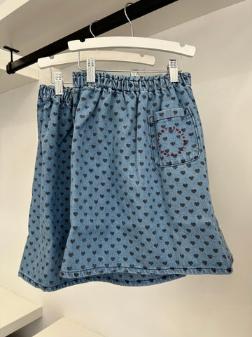 Piupiuchick Knee Length Washed Blue Denim Hearts Skirt