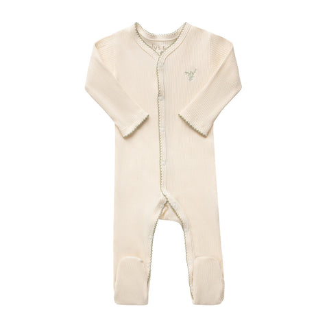Ely's & Co Ivory/Sage Embroidered Ginkgo Footie