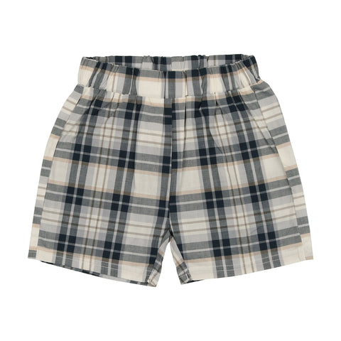 Lil Legs Navy Plaid Linen Pull On Shorts