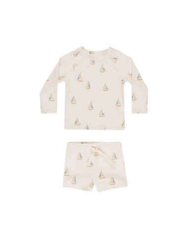 Rylee & Cru Natural Sailboats Rashguard Boys Set