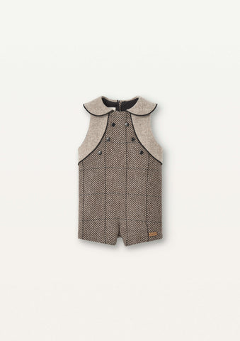 Popelin Brown Herringbone Woolen Collar Dungaree