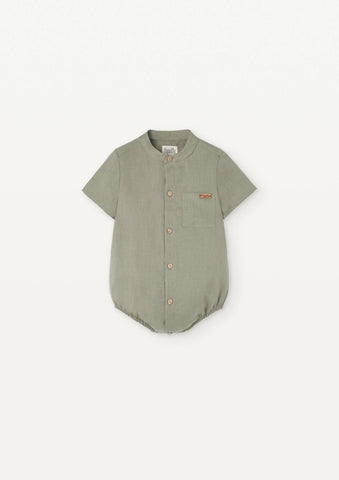 Popelin Green Linen Shirt Style Romper