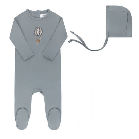 Aurora Blue French Terry Hot Air Balloon Footie + Bonnet