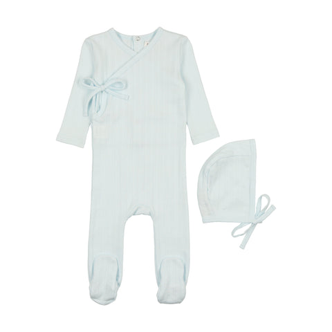 Coco Blanc Pale Blue Wrap Pointelle Footie With Bonnet