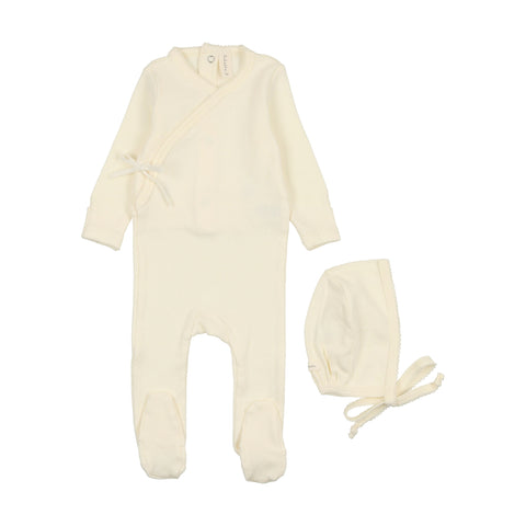 Lilette Ivory Pinpoint Wrapover Footie & Hat Set