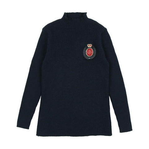 Lil Legs Navy Crest Knit Funnel Neck Sweater