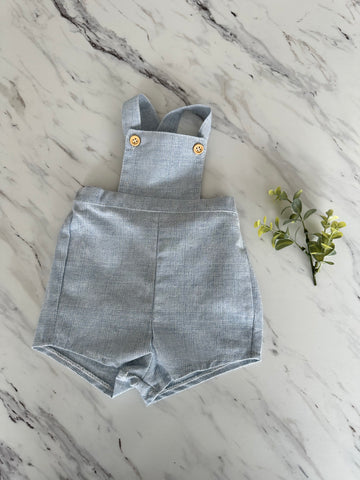 Belati Chalk Blue Button Detail Plaid Pleated Overall