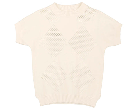 Belati White Argyle Pointelle Short Sleeve Knit