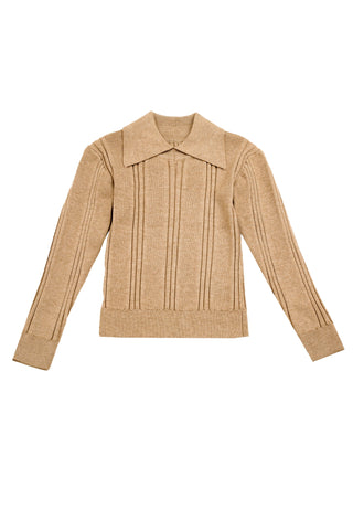 Belati Beige Collared Multi Rib Sweater