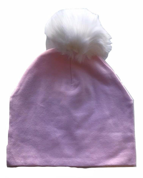Bari Lynn Pink Cotton Baby Hat with White Fur Pom-pom – Panda and Cub
