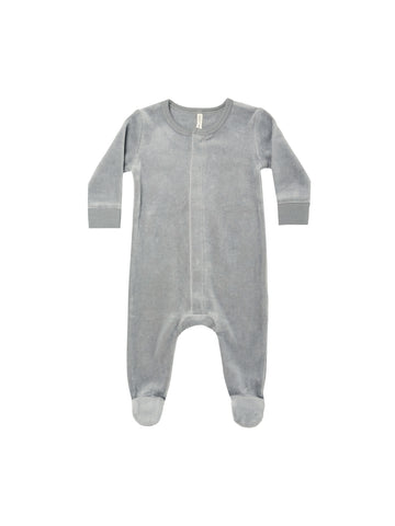 Quincy Mae Dusty Blue Hidden Snap Velour Footie