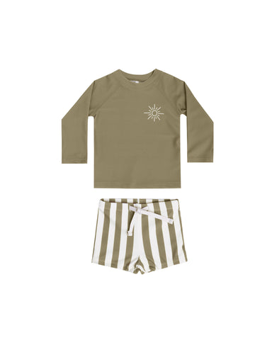 Rylee & Cru Olive Stripe Rash Guard Boys Set