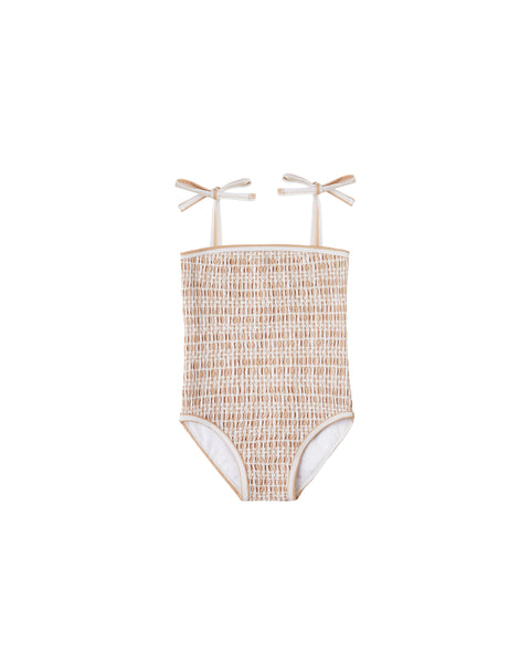 Rylee & Cru Almond Striped Smocked Swimsuit
