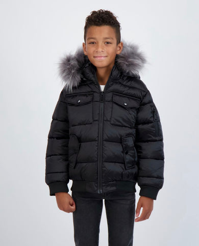Scotch Bonnet Matt Black Bomber With Grey Fur