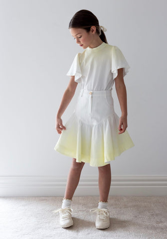 Steph Yellow Tie Dye Fluted Hem Denim Skirt