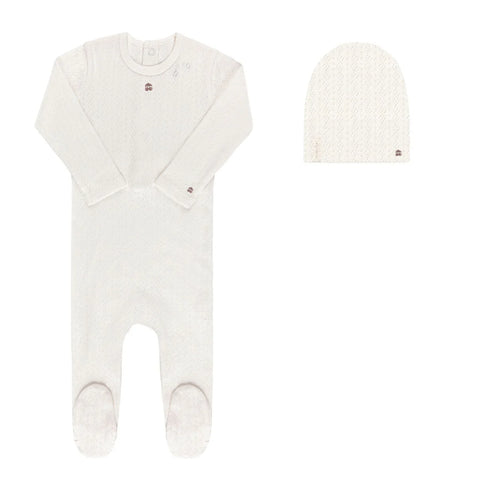 Ely's & Co Embroidered Cherry Pointelle Girls Cream Footie + Beanie