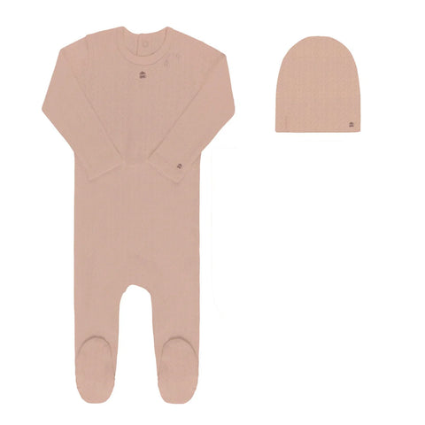 Ely's & Co Embroidered Cherry Pointelle Pink Footie + Beanie