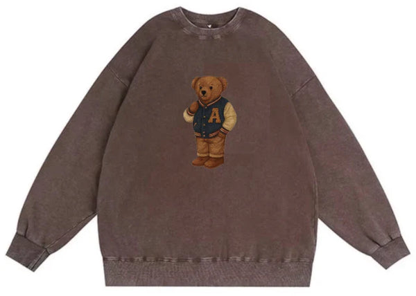 Lil Legs Washed Brown Printed Varsity Bear Boys Sweatshirt
