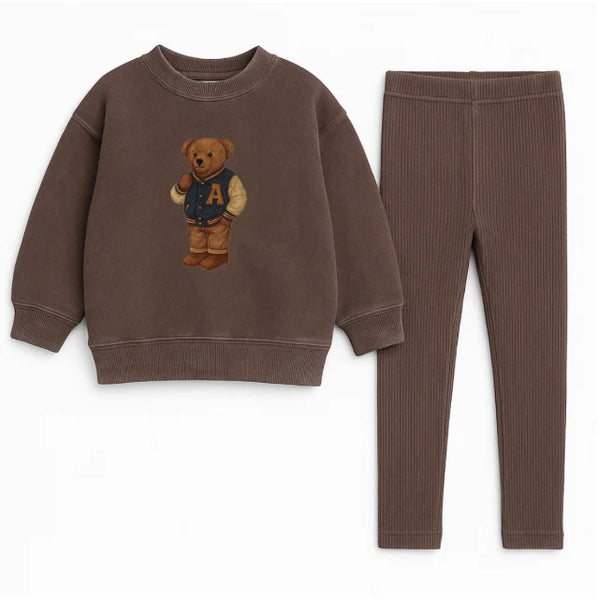 Lil Legs Washed Brown Varsity Bear Sweatshirt Set