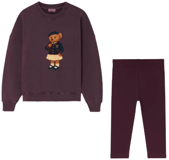 Lil Legs Washed Burgundy Bear Girls Sweatshirt Set