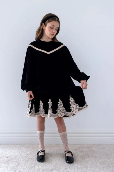 Petite Amalie Black/Cream Lace Hem Velvet Smock Dress