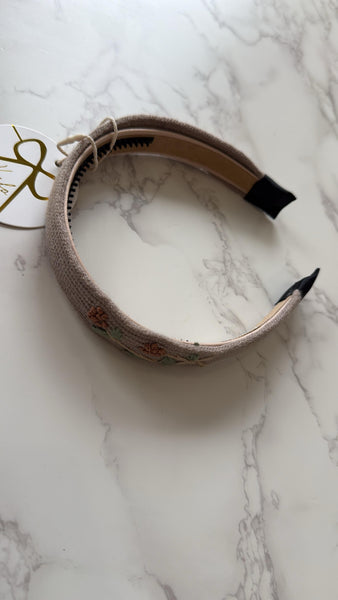 Halo Luxe Tan Josie Floral Embroidered Ribbed Knit Headband