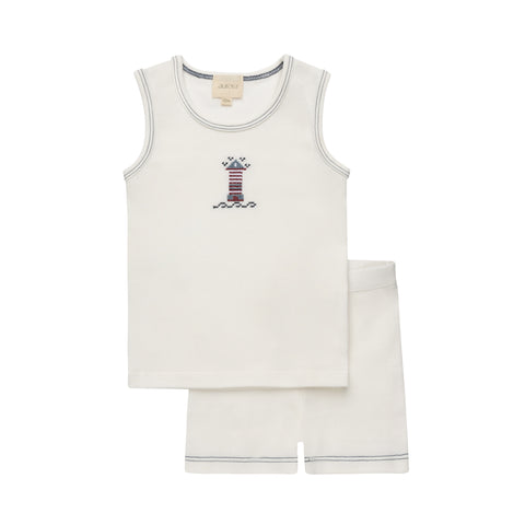 Aurora Ivory/Blue Cross stitch Lighthouse T-shirt + Shorts Set