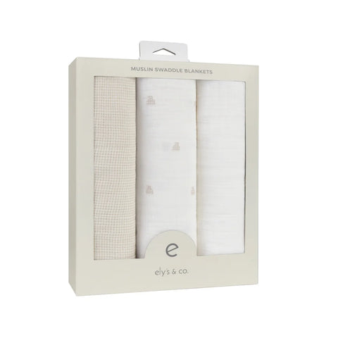 Ely's & Co Gingham Bear Tan 3 Pack Muslin Swaddle