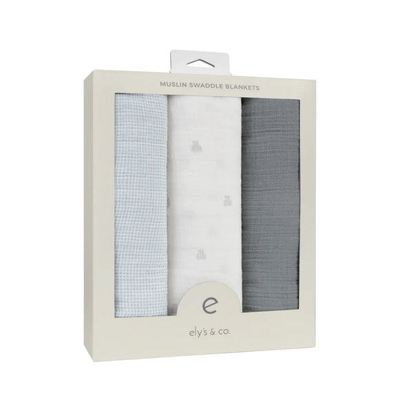 Ely's & Co Gingham Bear Blue 3 Pack Muslin Swaddle