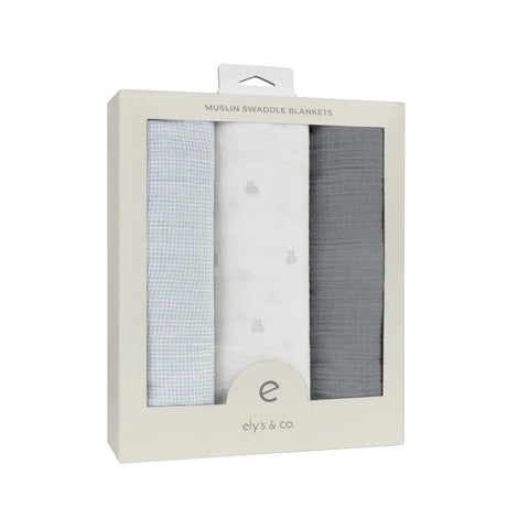 Ely's & Co Gingham Bear Blue 3 Pack Muslin Swaddle