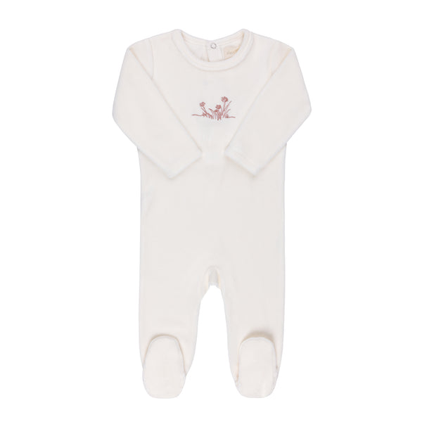 Ely's & Co Velour Ivory Pink Velour Flower Embroidered Footie