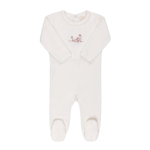 Ely's & Co Velour Ivory Pink Velour Flower Embroidered Footie