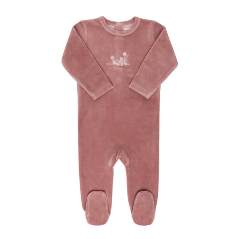 Ely's & Co Velour Pink Velour Flower Embroidered Footie