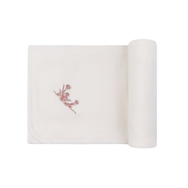 Ely's & Co Ivory Pink Velour Embroidered Flowers Blanket