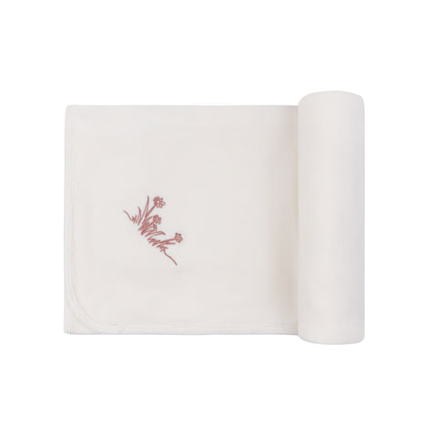 Ely's & Co Ivory Pink Velour Embroidered Flowers Blanket