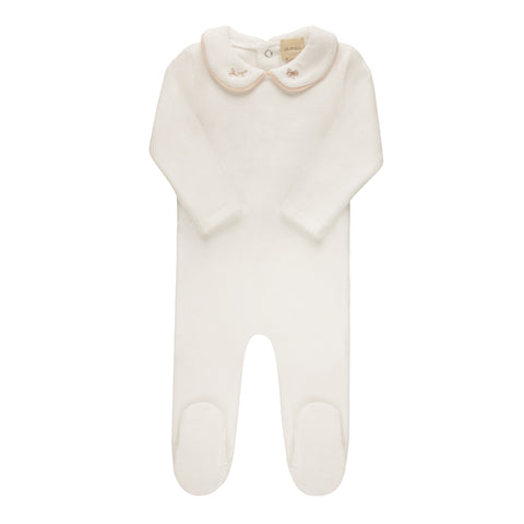 Aurora Ivory/Pink Embroidered Velour Collar Footie