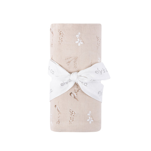 Ely's & Co Tan Vintage Birds Bamboo Muslin Swaddle