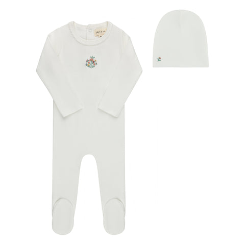 Ely's & Co Ivory Ribbed Floral Embroidered Footie + Beanie