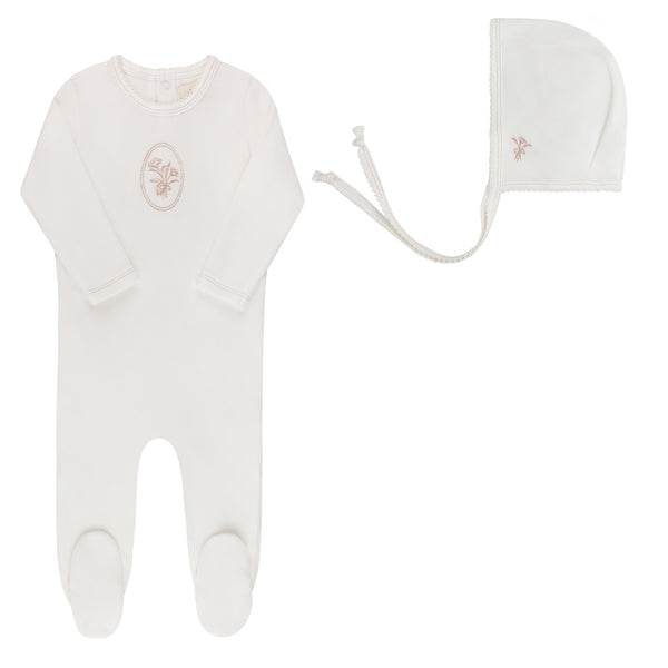 Ely's & Co Ivory/Rosegold Velour Center Floral Footie + Bonnet