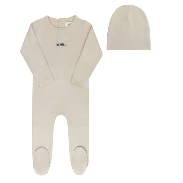 Aurora Tan Race Car  Footie + Beanie