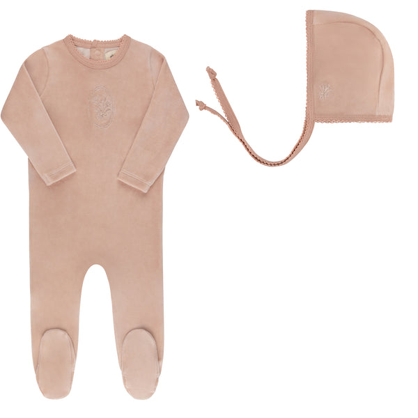 Ely's & Co Pink Velour Center Floral Footie + Bonnet