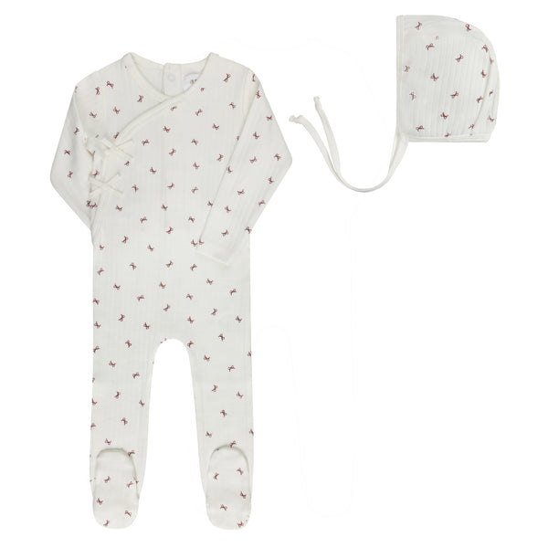 Aurora Ivory/Red Bow Pattern Footie + Bonnet