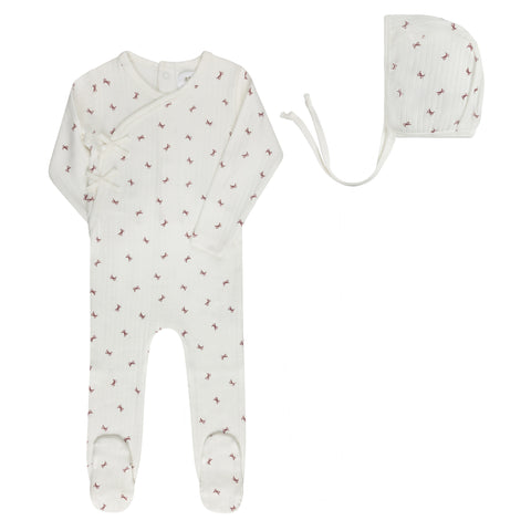 Aurora Ivory/Red Bow Pattern Footie + Bonnet
