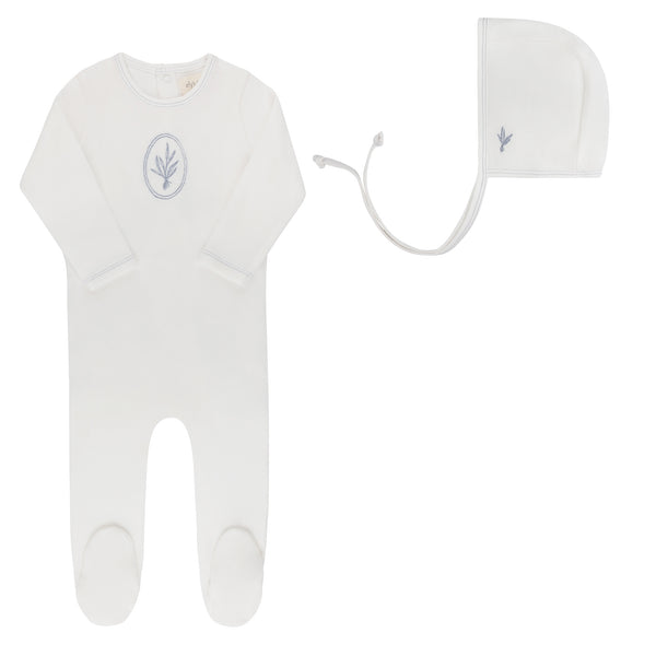 Ely's & Co Ivory/Blue Velour Center Floral Footie + Bonnet